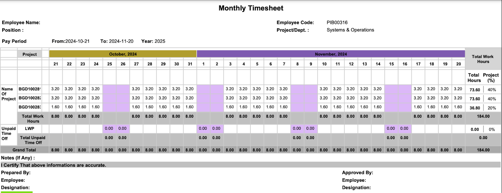 Monthly Time sheet